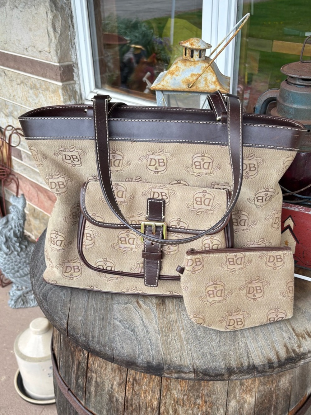 Dooney & Bourke Donegal Collection East/West Tan Monogram‎ Canvas Shoulder Tote